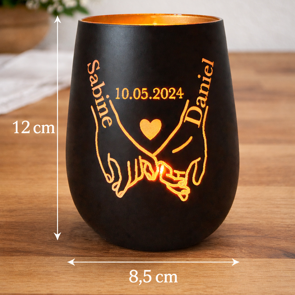 Maße personalisiertes Windlicht mit Namen – 12 cm hoch und 8,5 cm breit