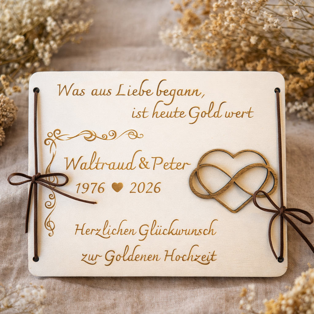Personalisiertes Geldgeschenk zur Goldenen Hochzeit aus Holz