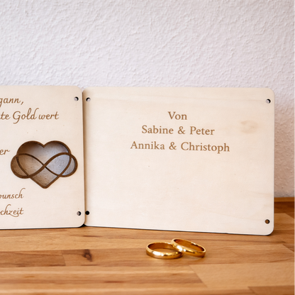 Geldgeschenk zur Goldenen Hochzeit aus Holz als dekorative Hochzeitskarte