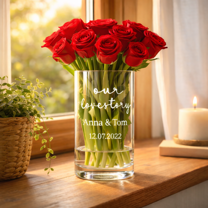 Personalisierte Glasvase „Our Love Story“ mit Namen und Datum