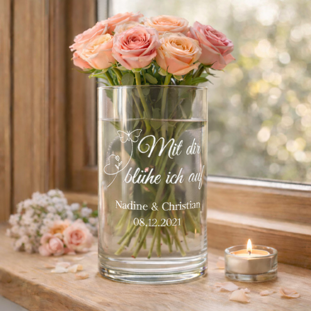 Gravierte Glasvase mit Rosen – liebevolles Geschenk für Hochzeit, Jahrestag oder Valentinstag