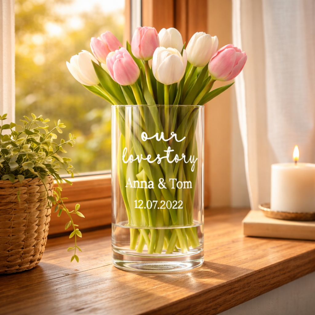 Gravierte Vase mit Blumen – Geschenkidee zum Valentinstag