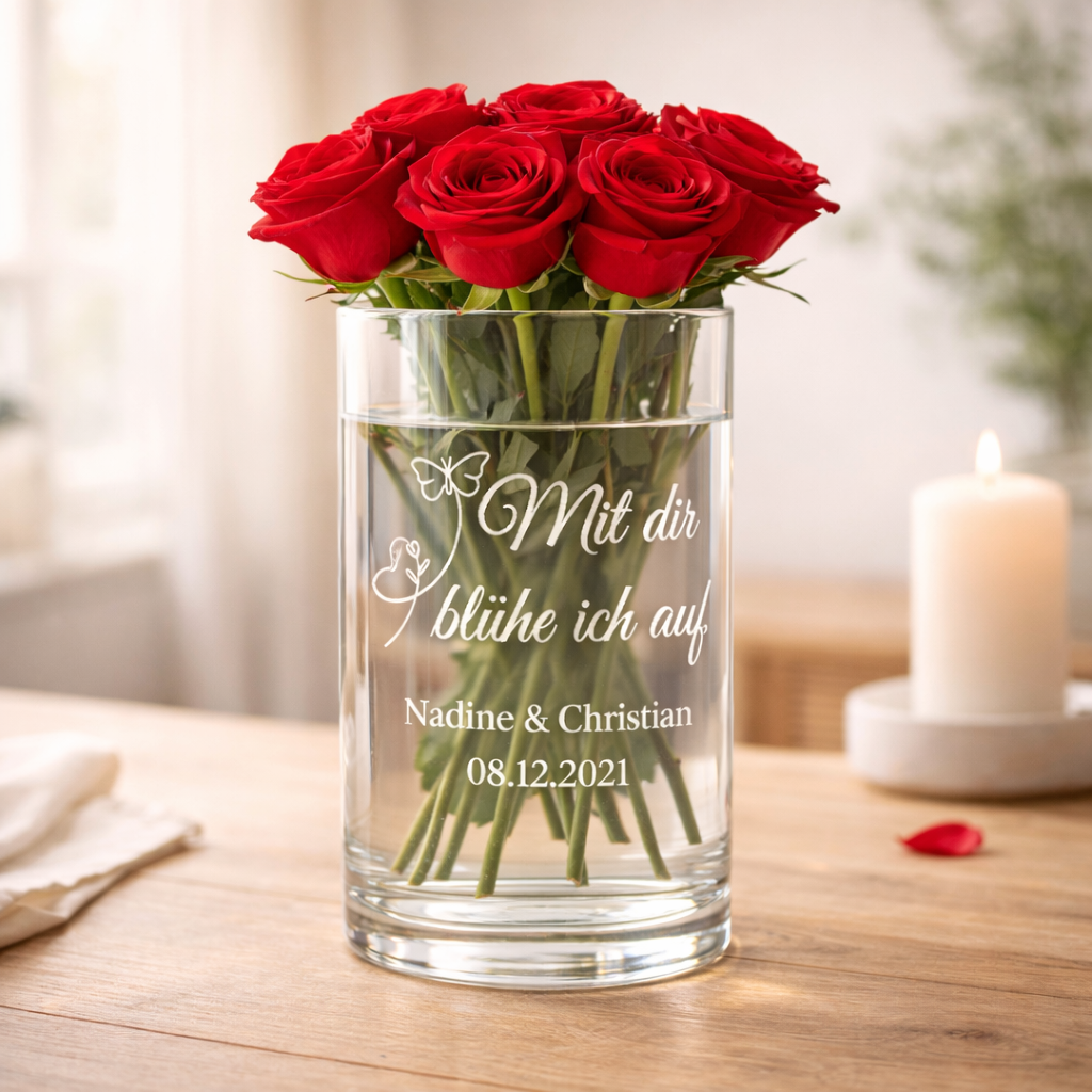 Personalisierte Glasvase mit Gravur „Mit dir blühe ich auf“ – romantisches Geschenk zur Hochzeit oder zum Jahrestag
