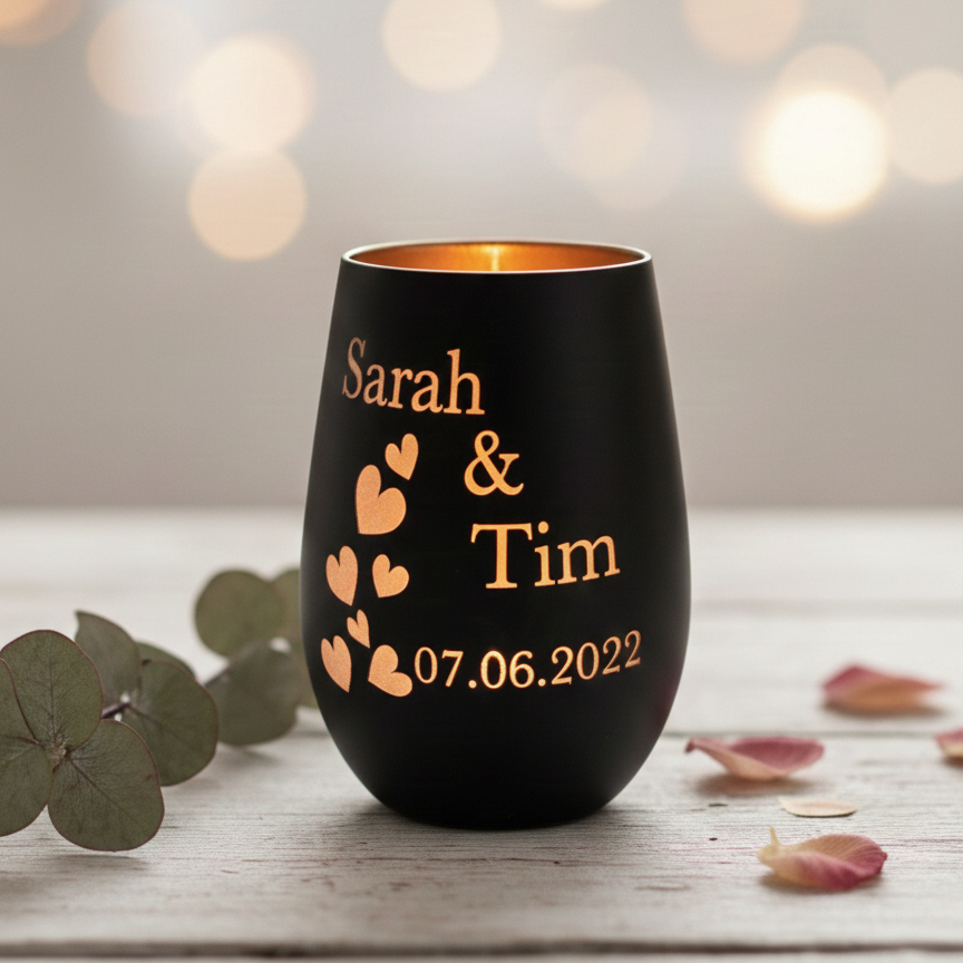 Detailansicht Gravur – personalisiertes Windlicht mit Namen und Herzen
