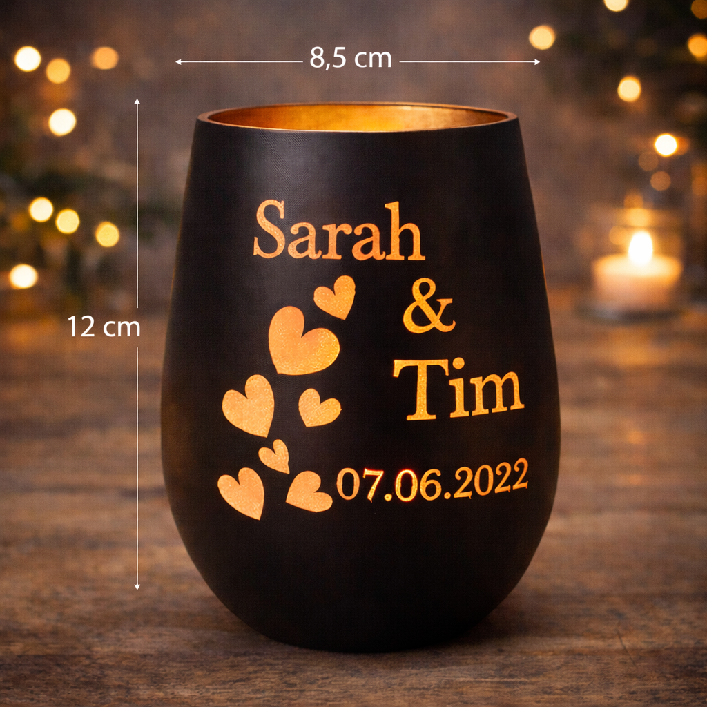 Maße personalisiertes Windlicht – 12 cm hoch und 8,5 cm Durchmesser