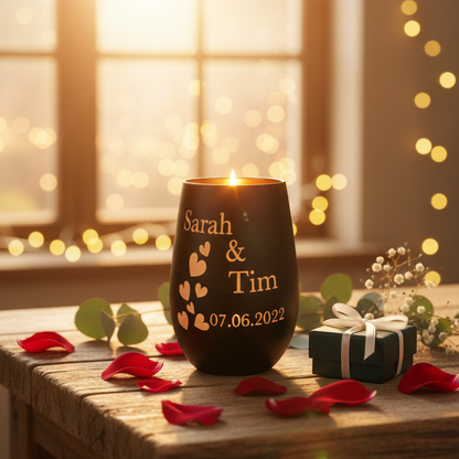 Personalisiertes Windlicht mit Herzmotiv als stimmungsvolle Dekoration im Wohnbereich
