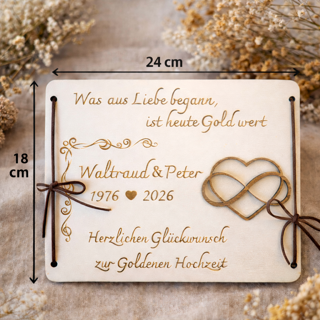 Geldgeschenk zur Goldenen Hochzeit aus Holz als dekorative Hochzeitskarte