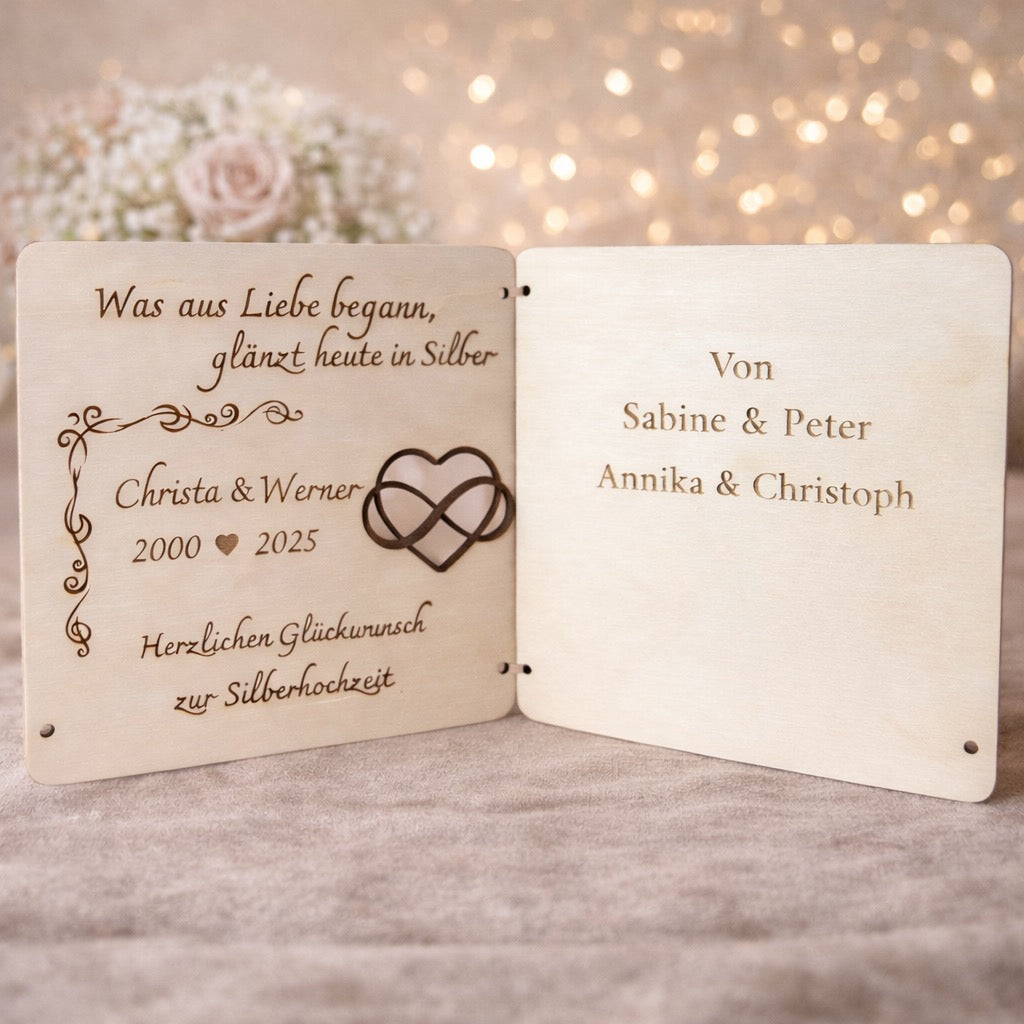 Silberhochzeit Geldgeschenk aus Holz mit persönlicher Widmung innen