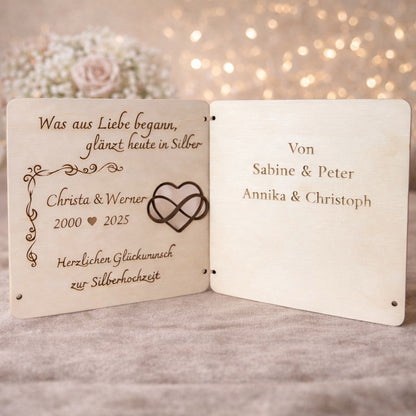 Silberhochzeit Geldgeschenk aus Holz mit persönlicher Widmung innen
