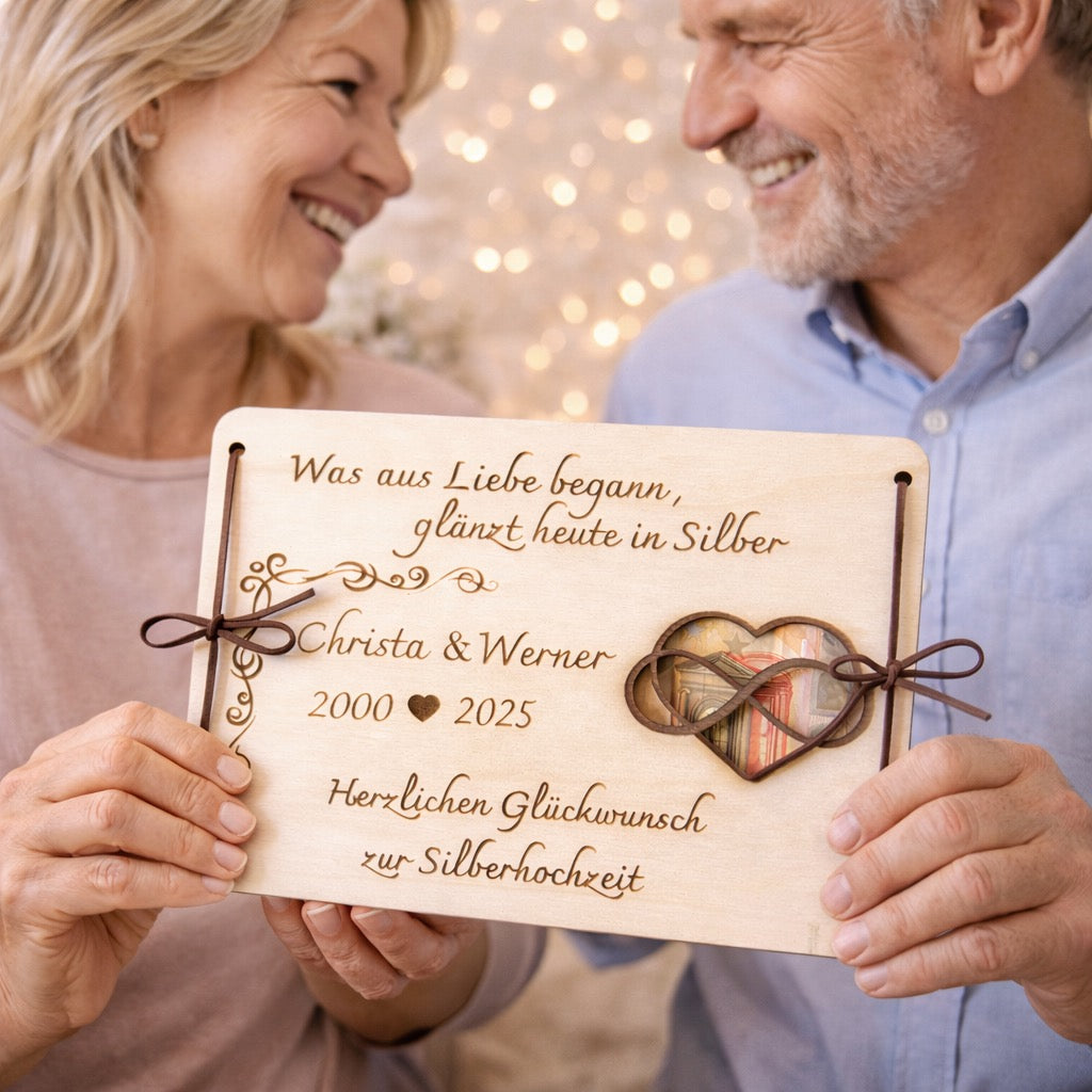 Geldgeschenk zur Silberhochzeit als Hochzeitskarte aus Holz