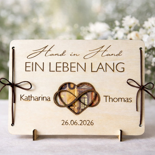 Detailansicht der Geldgeschenkkarte zur Hochzeit mit Herz und Unendlichkeitsmotiv für Geldscheine