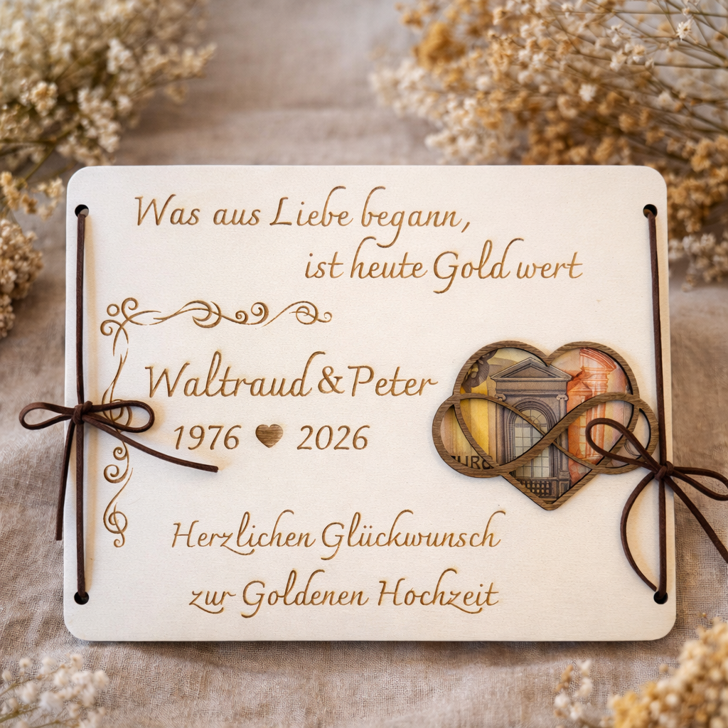 Personalisierte Hochzeitskarte aus Holz mit Gravur zur Goldenen Hochzeit