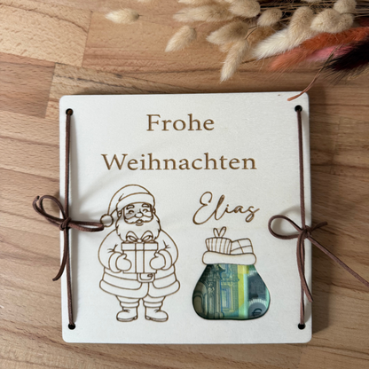 Weihnachtskarten aus Holz mit Personalisierung und Geldschein als besonderes Weihnachtsgeschenk